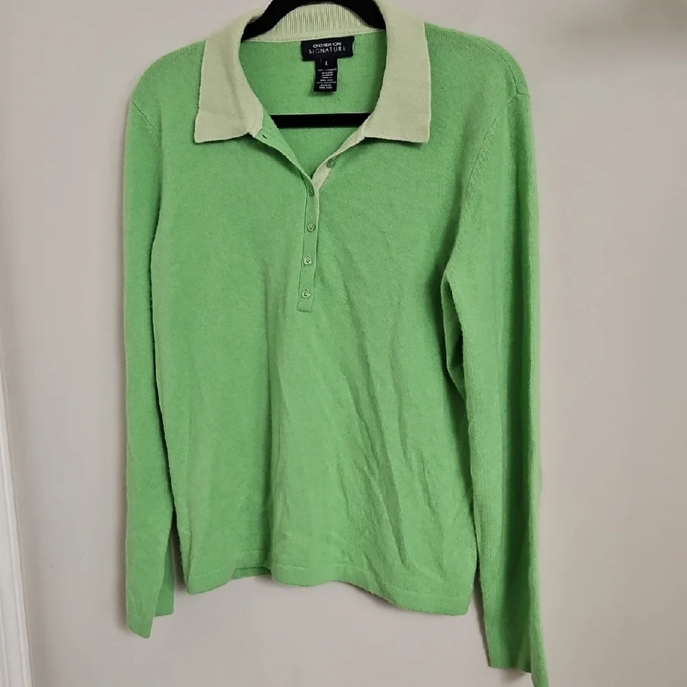 Jones New York Signature 100% Cashmere Lime Green Polo Sweater Large